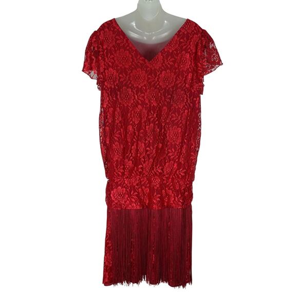Vintage 80s Does 20s Fringe Lace Flapper Gatsby Costume Party Red Dress L/XL - Picture 6 of 8